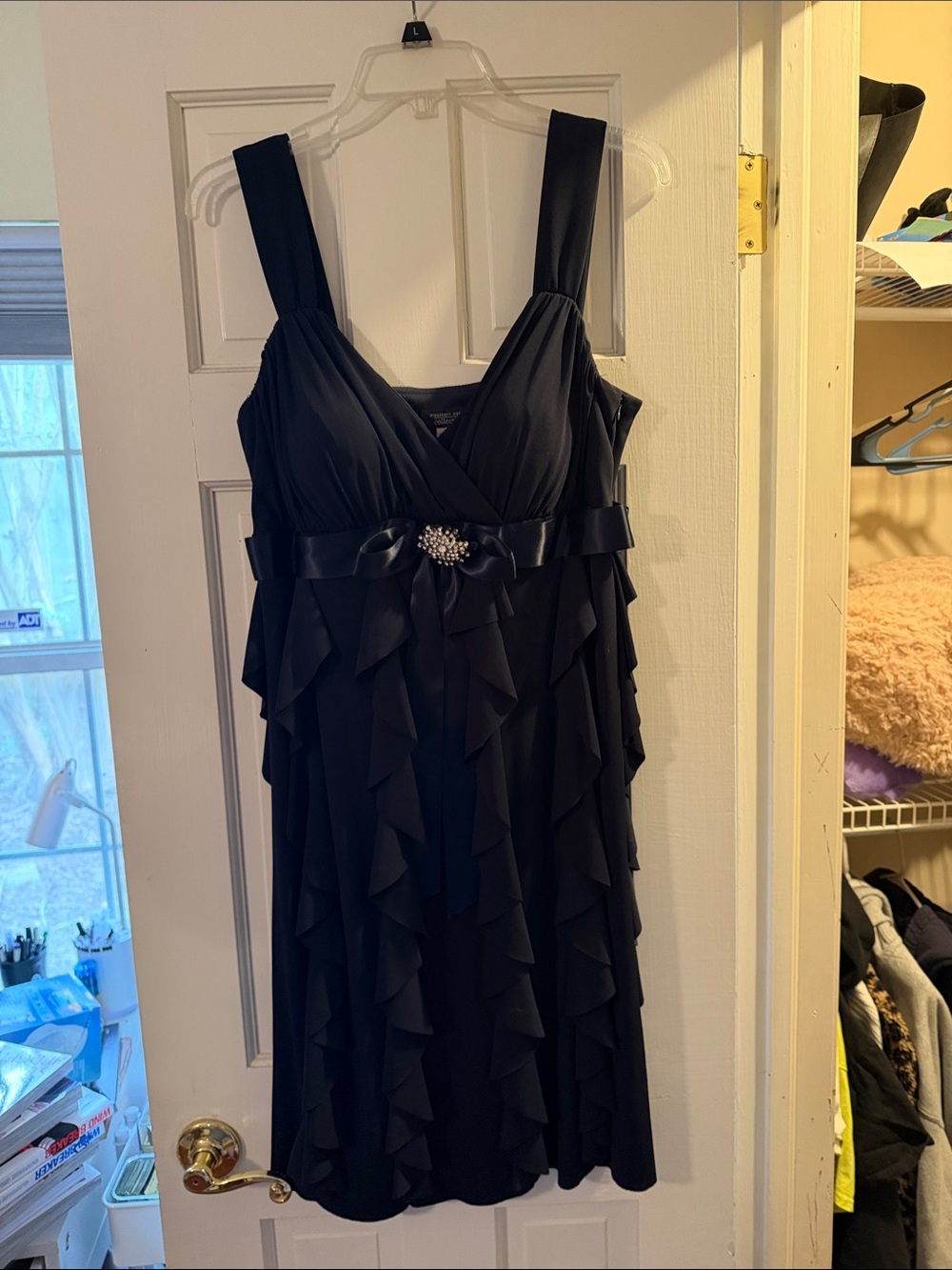 dressbarn Black Ruffle Midi Dress with Embellished Satin Belt